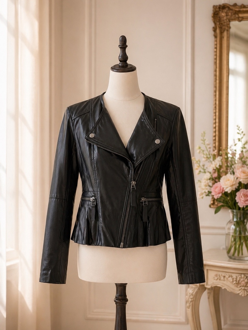 ASOS Genuine Leather Black Moto Jacket Size 6 – Peplum Hem, Silver Zip